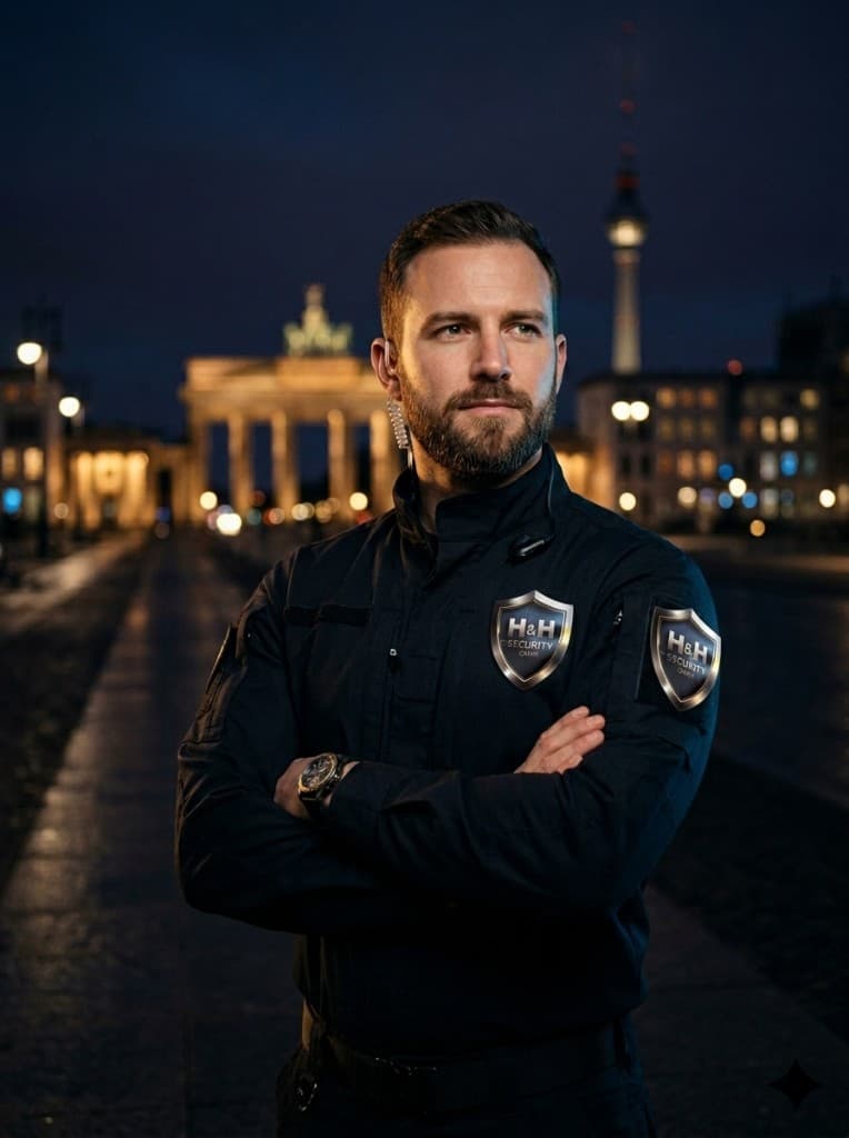 Sicherheitsmitarbeiter von H&H Security vor dem Berliner Brandenburger Tor bei Nacht.